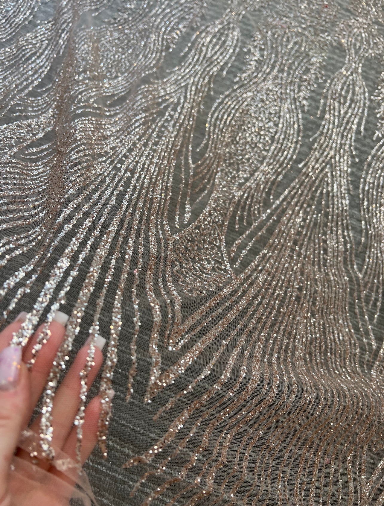 Rose Gold Glitter Lace, gold lace Glitter, light gold Lace, dusty gold lace, lace for woman, lace for bride, lace on discount, lace on sale, premium lace, kiki textile lace, lace for party wear dresses, lace on mesh