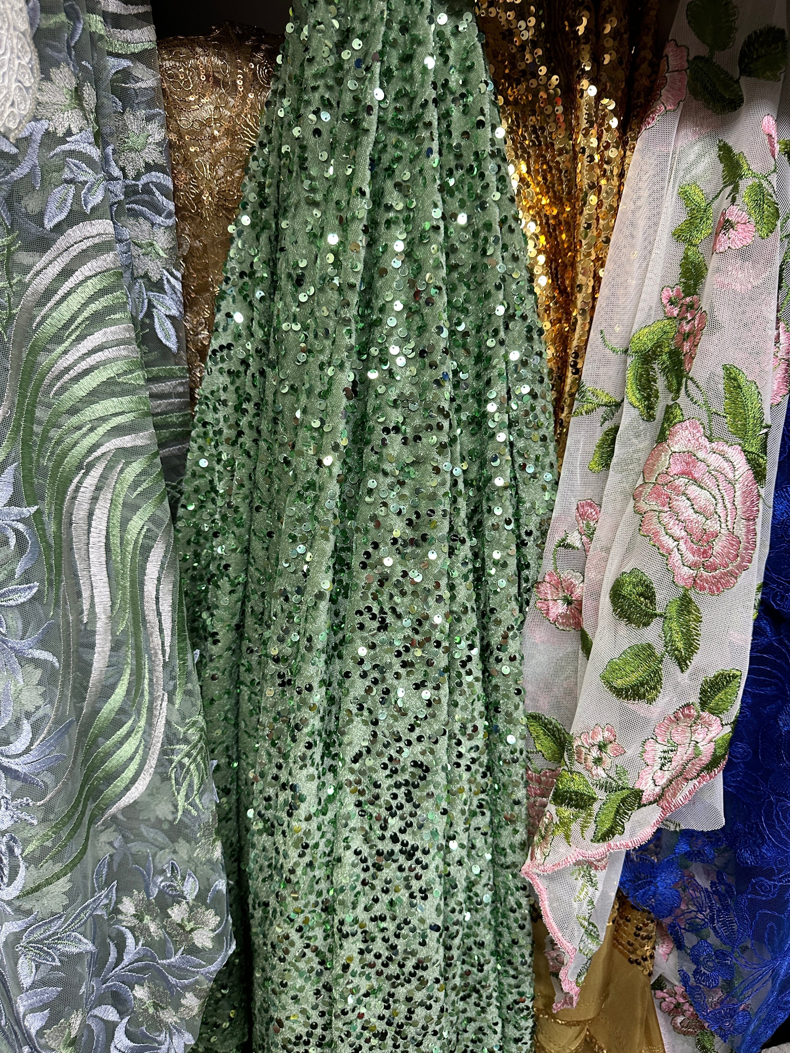 sage green sequin Velvet Fabric, sage green Sequin On stretch Velvet Fabric, green Sequin Fabric by yard for dresses, light green sequin Velvet for backdrops,  velvet for gown, stretch velvet, velvet fabric with sequin, solid velvet, dark green sequin fabric, sequin fabric for women, 4 way stretch velvet