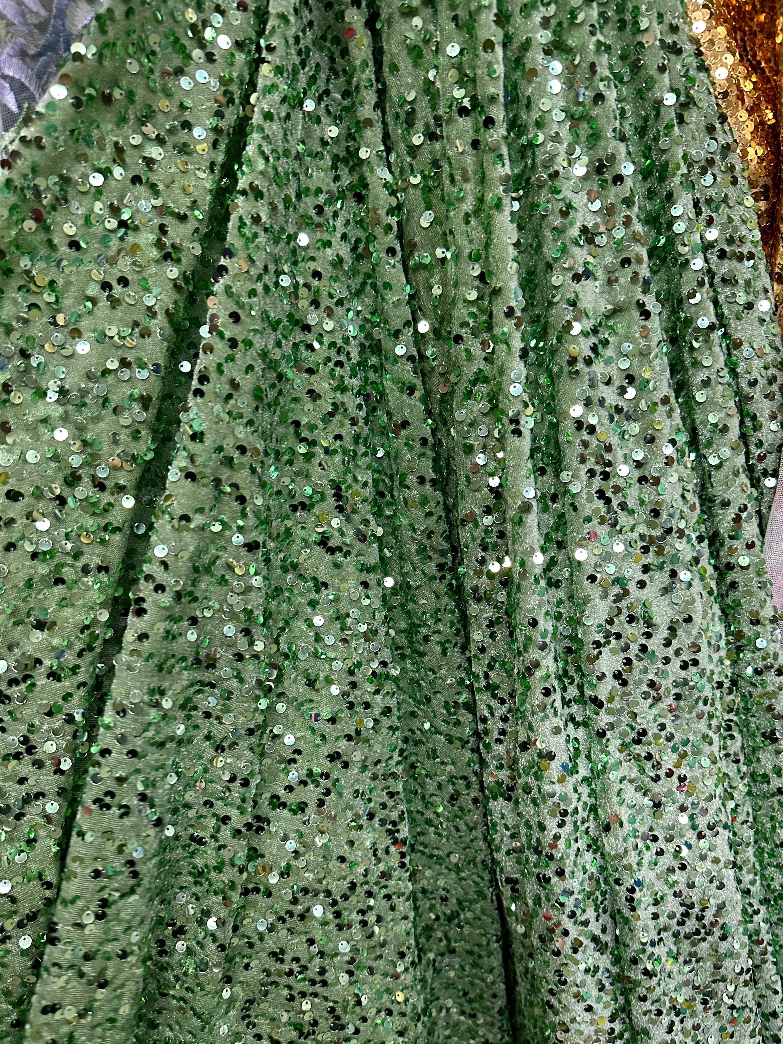 sage green sequin Velvet Fabric, sage green Sequin On stretch Velvet Fabric, green Sequin Fabric by yard for dresses, light green sequin Velvet for backdrops, velvet for gown, stretch velvet, velvet fabric with sequin, solid velvet, dark green sequin fabric, sequin fabric for women, 4 way stretch velvet