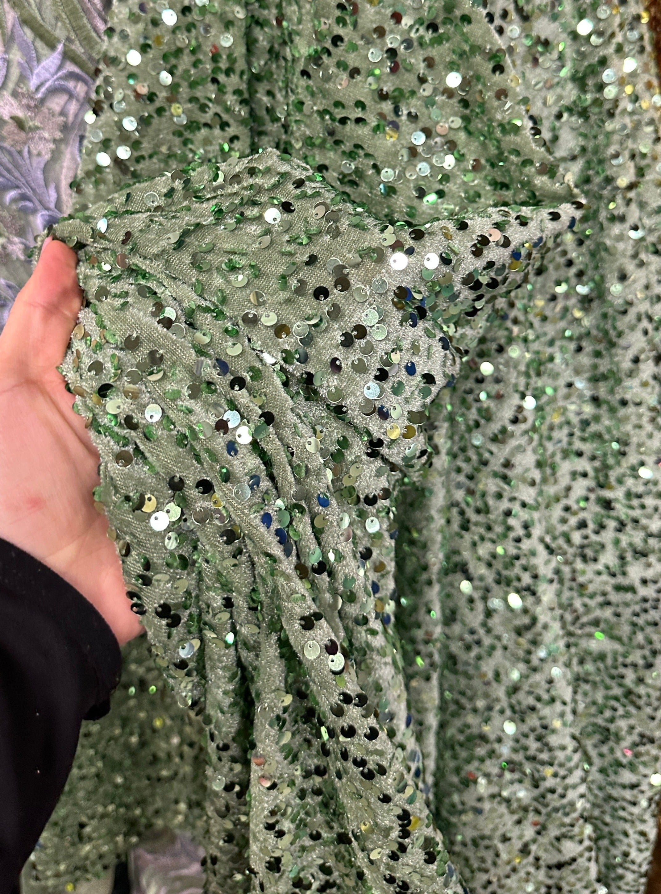 sage green sequin Velvet Fabric, sage green Sequin On stretch Velvet Fabric, green Sequin Fabric by yard for dresses, light green sequin Velvet for backdrops,  velvet for gown, stretch velvet, velvet fabric with sequin, solid velvet, dark green sequin fabric, sequin fabric for women, 4 way stretch velvet