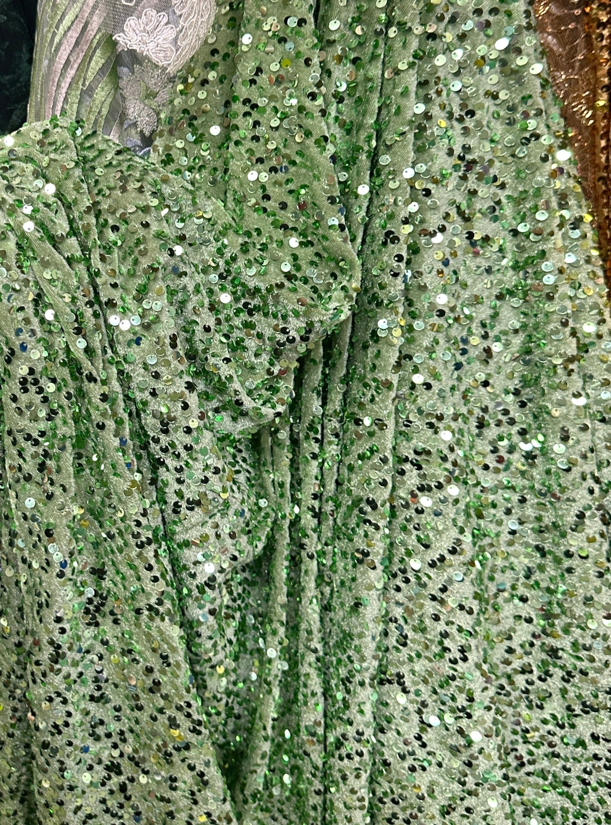 sage green sequin Velvet Fabric, sage green Sequin On stretch Velvet Fabric, green Sequin Fabric by yard for dresses, light green sequin Velvet for backdrops,  velvet for gown, stretch velvet, velvet fabric with sequin, solid velvet, dark green sequin fabric, sequin fabric for women, 4 way stretch velvet