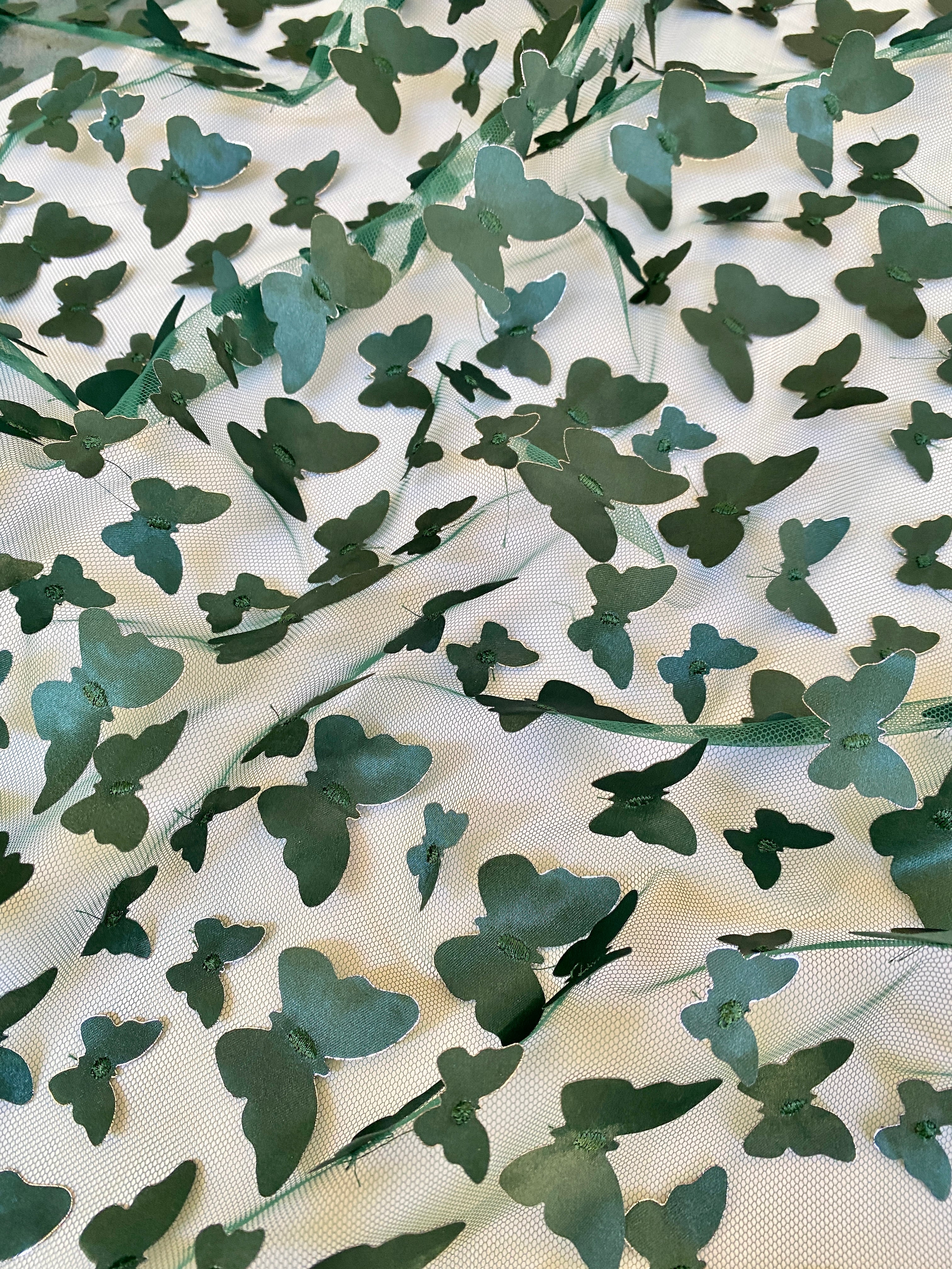 Hunter Green 3D Butterfly Lace, green Butterfly Tulle By The Yard, light green Tulle Lace Fabric, Dress Fabric, Bridal Lace Fabric, premium lace fabric, lace fabric on discount, lace fabric in low price, buy lace fabric online, lace fabric on sale