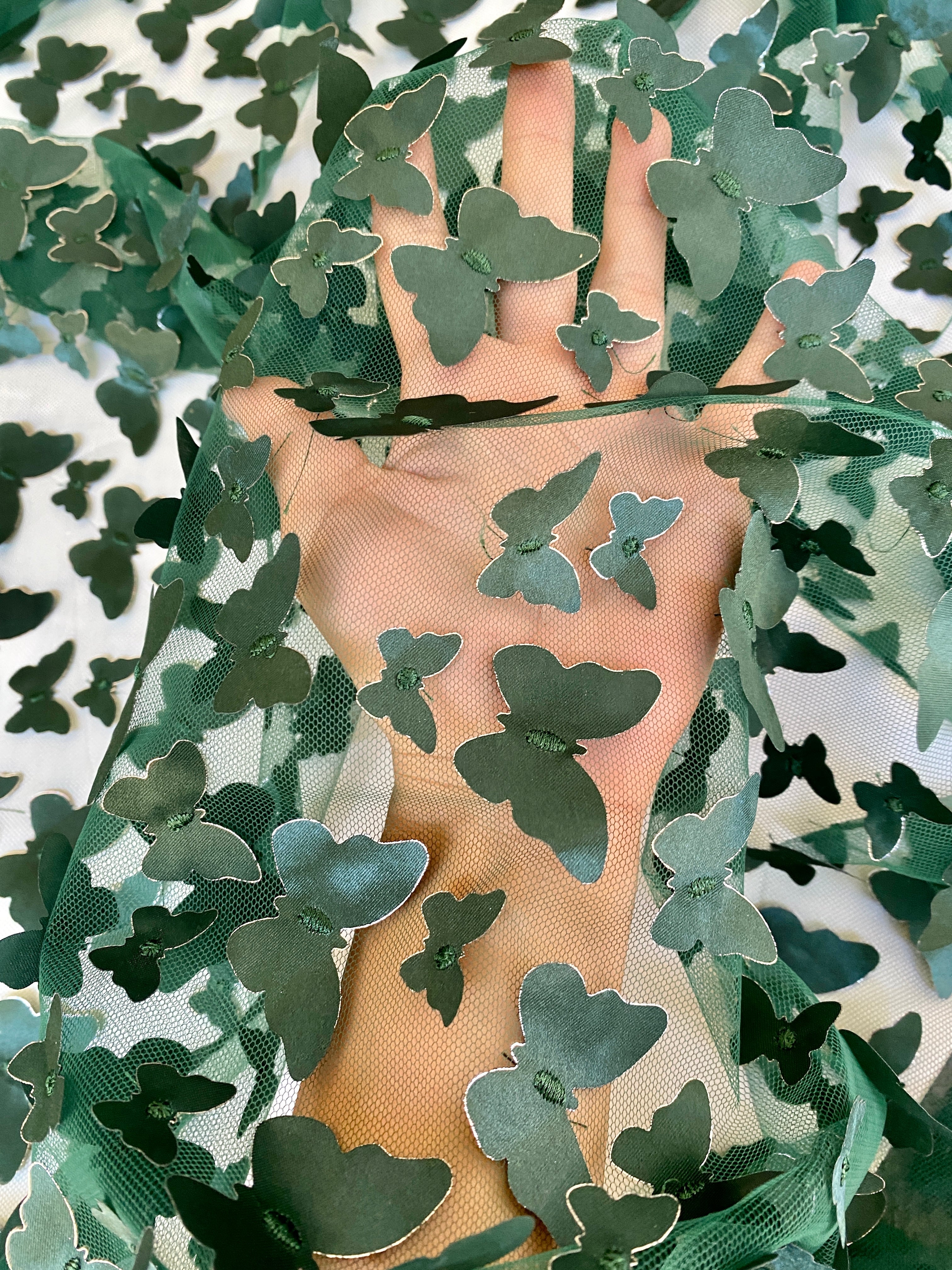 Hunter Green 3D Butterfly Lace, green Butterfly Tulle By The Yard, light green Tulle Lace Fabric, Dress Fabric, Bridal Lace Fabric, premium lace fabric, lace fabric on discount, lace fabric in low price, buy lace fabric online, lace fabric on sale