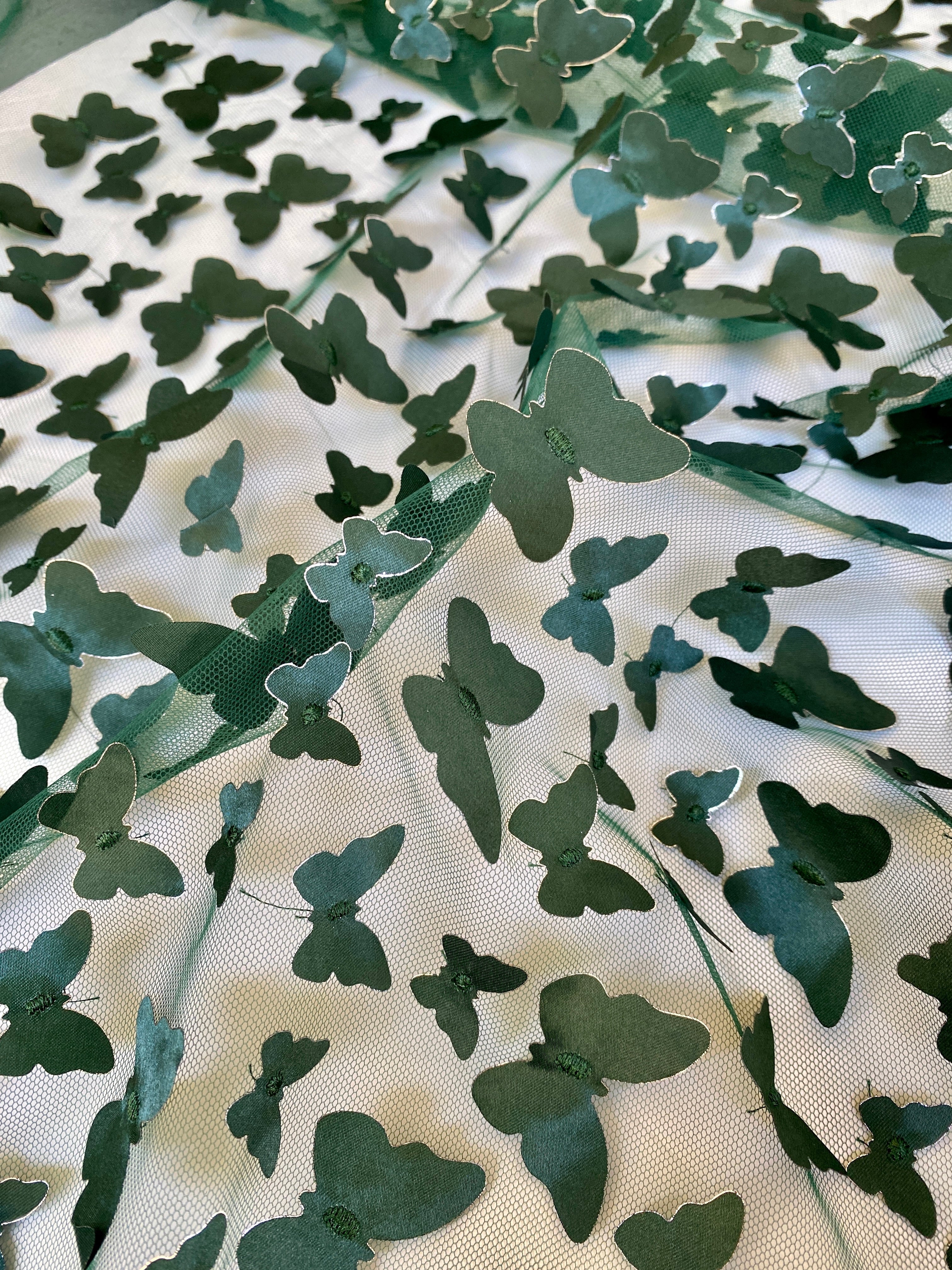 Hunter Green 3D Butterfly Lace, green Butterfly Tulle By The Yard, light green Tulle Lace Fabric, Dress Fabric, Bridal Lace Fabric, premium lace fabric, lace fabric on discount, lace fabric in low price, buy lace fabric online, lace fabric on sale