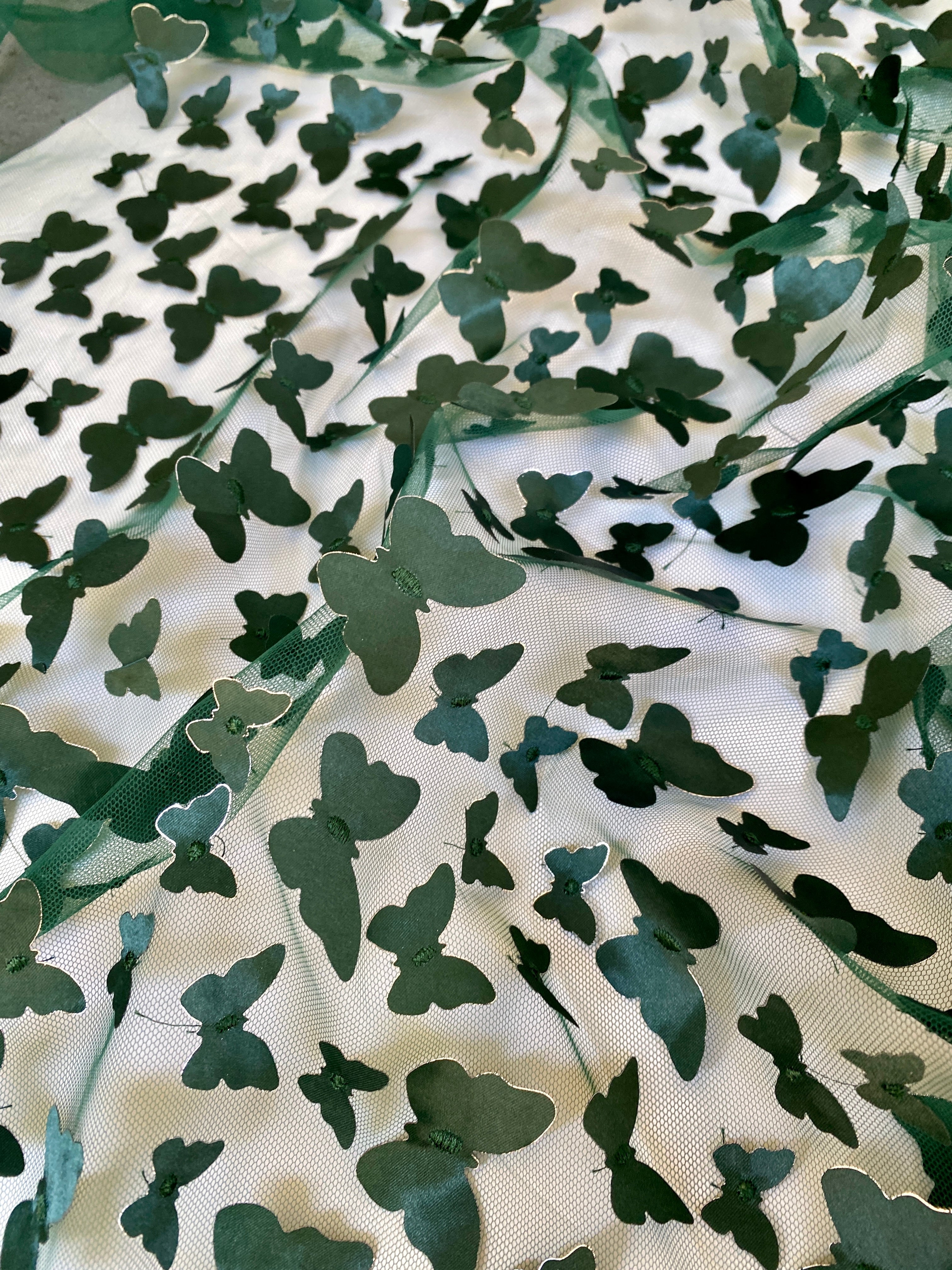 Hunter Green 3D Butterfly Lace, green Butterfly Tulle By The Yard, light green Tulle Lace Fabric, Dress Fabric, Bridal Lace Fabric, premium lace fabric, lace fabric on discount, lace fabric in low price, buy lace fabric online, lace fabric on sale