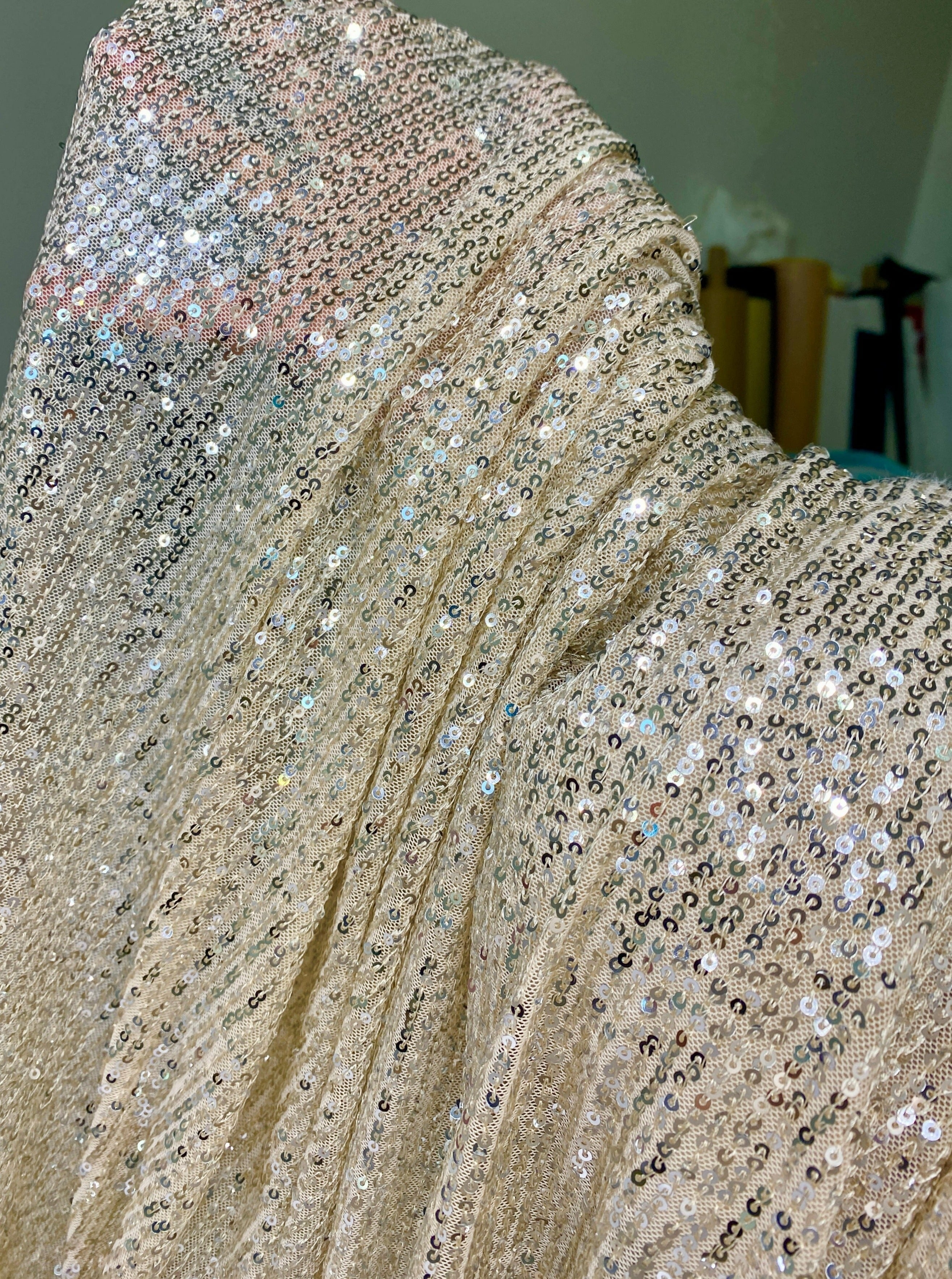 Champagne Stretch Sequin Mesh, light gold Stretch Sequin Mesh, gold Stretch Sequin Mesh, Stretch Sequin Mesh for woman,  Stretch Sequin Mesh for bride, Stretch Sequin Mesh on sale, Stretch Sequin Mesh on discount, Stretch Sequin Mesh online