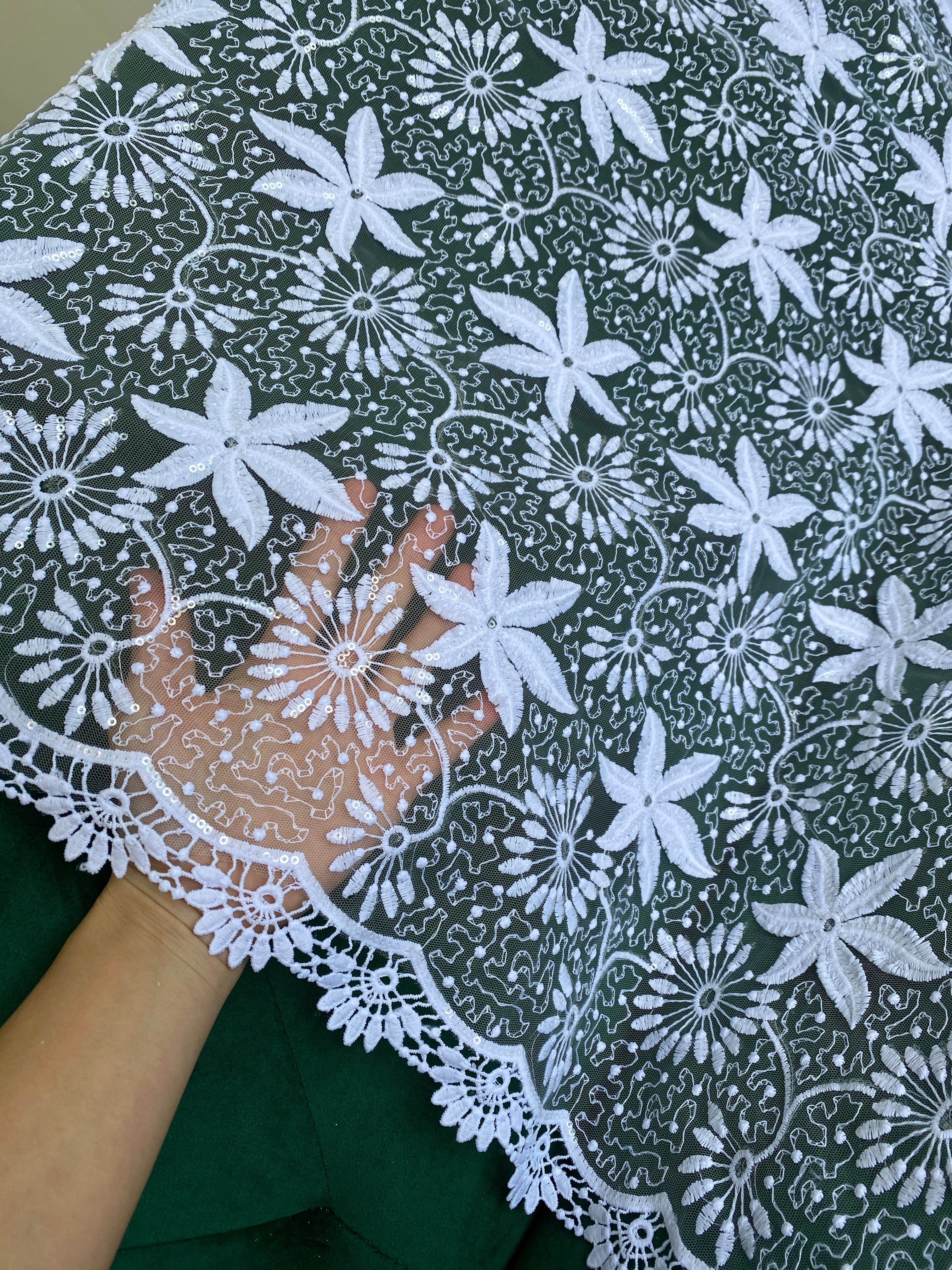 White Dainty Lace on Mesh, bright white Lace, off white lace, lace for woman, lace for bride,  lace on discount, lace on sale, premium lace, kiki textile lace, lace for party wear dresses, lace on mesh