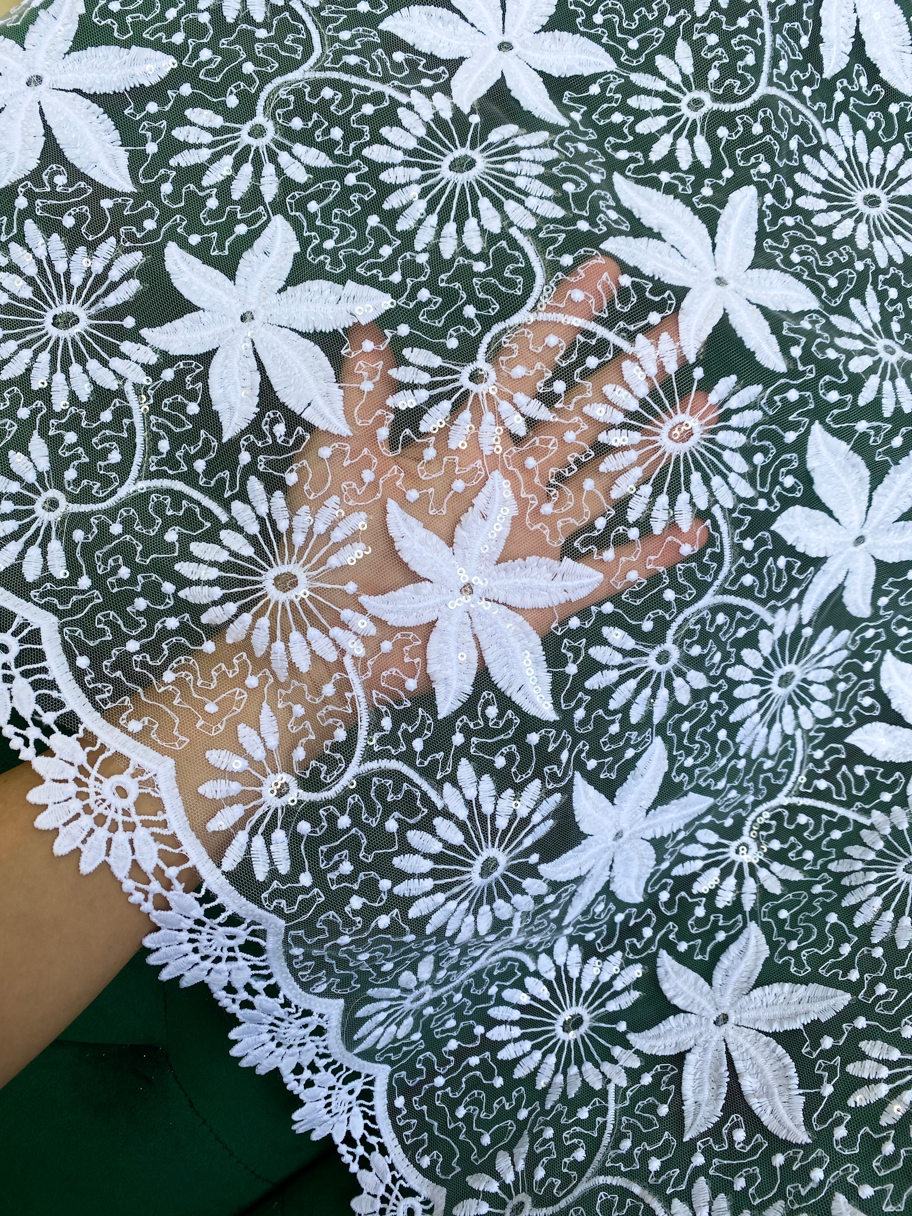 White Dainty Lace on Mesh, bright white Lace, off white lace, lace for woman, lace for bride,  lace on discount, lace on sale, premium lace, kiki textile lace, lace for party wear dresses, lace on mesh