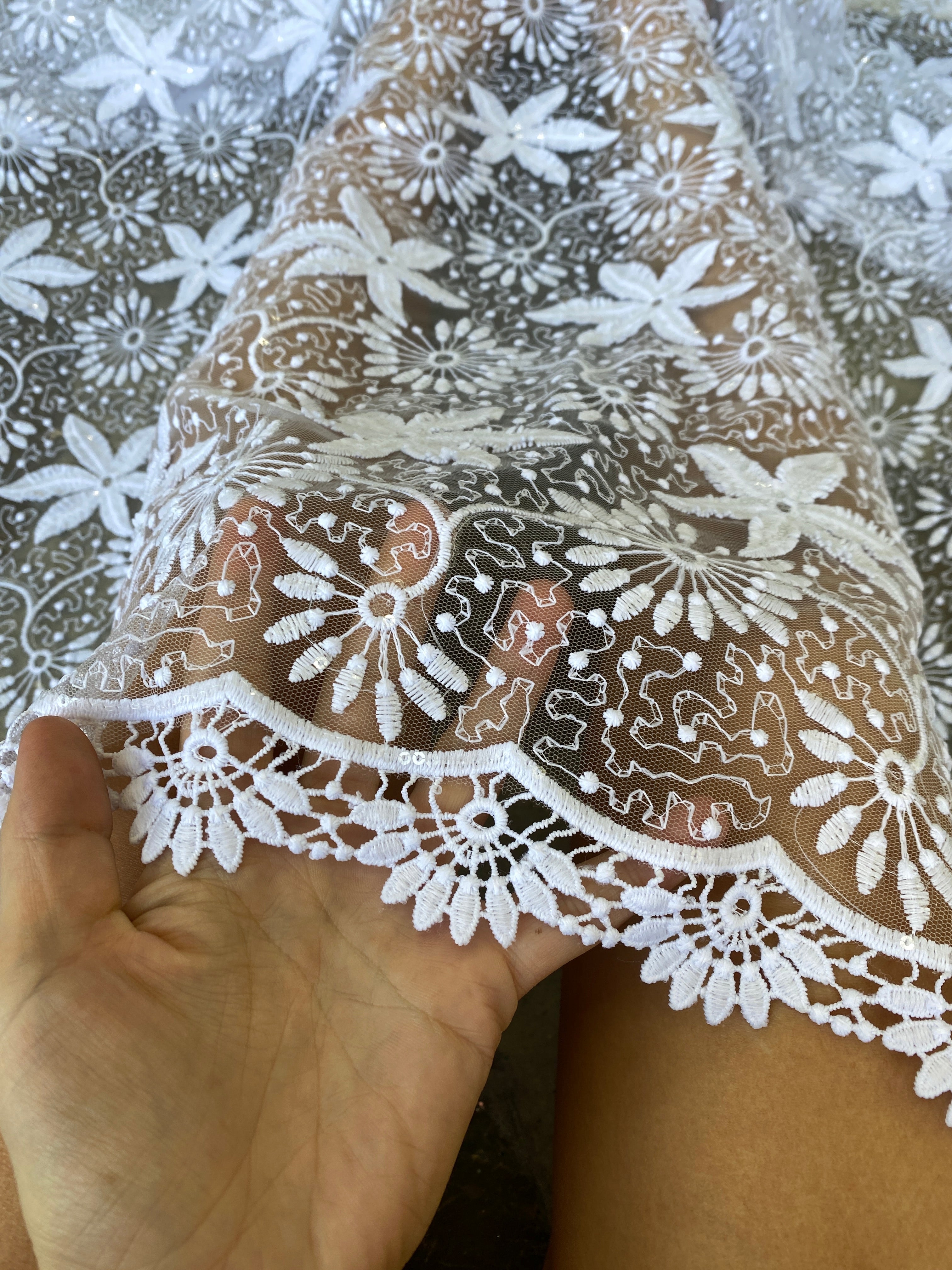 White Dainty Lace on Mesh, bright white Lace, off white lace, lace for woman, lace for bride,  lace on discount, lace on sale, premium lace, kiki textile lace, lace for party wear dresses, lace on mesh