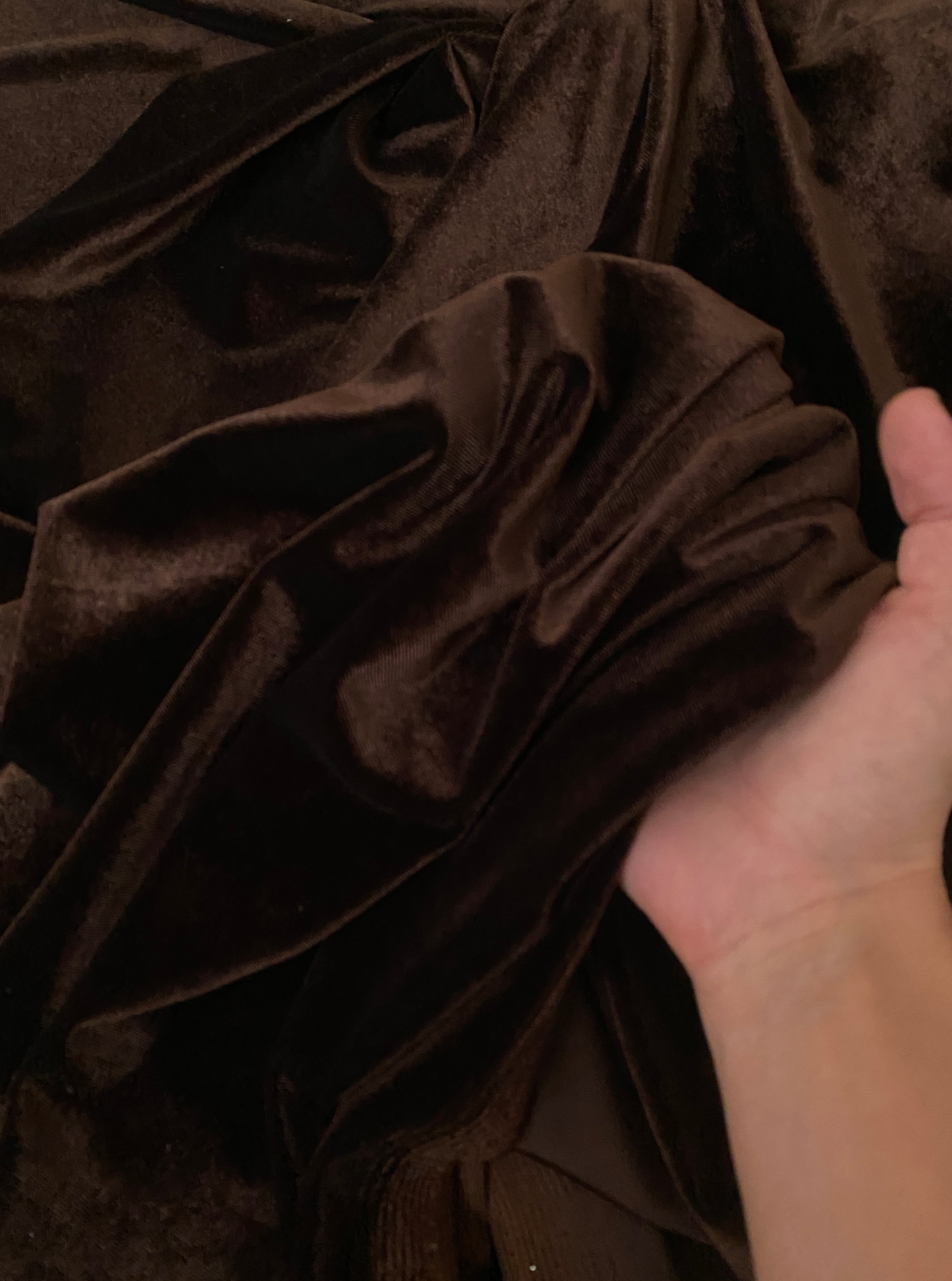chocolate brown velvet fabric, 4 way stretch velvet fabric, solid velvet fabric, velvet fabric for clothing, fabric store, velvet cheap, stretch velvet on sale, brown velvet, dark brown velvet fabric