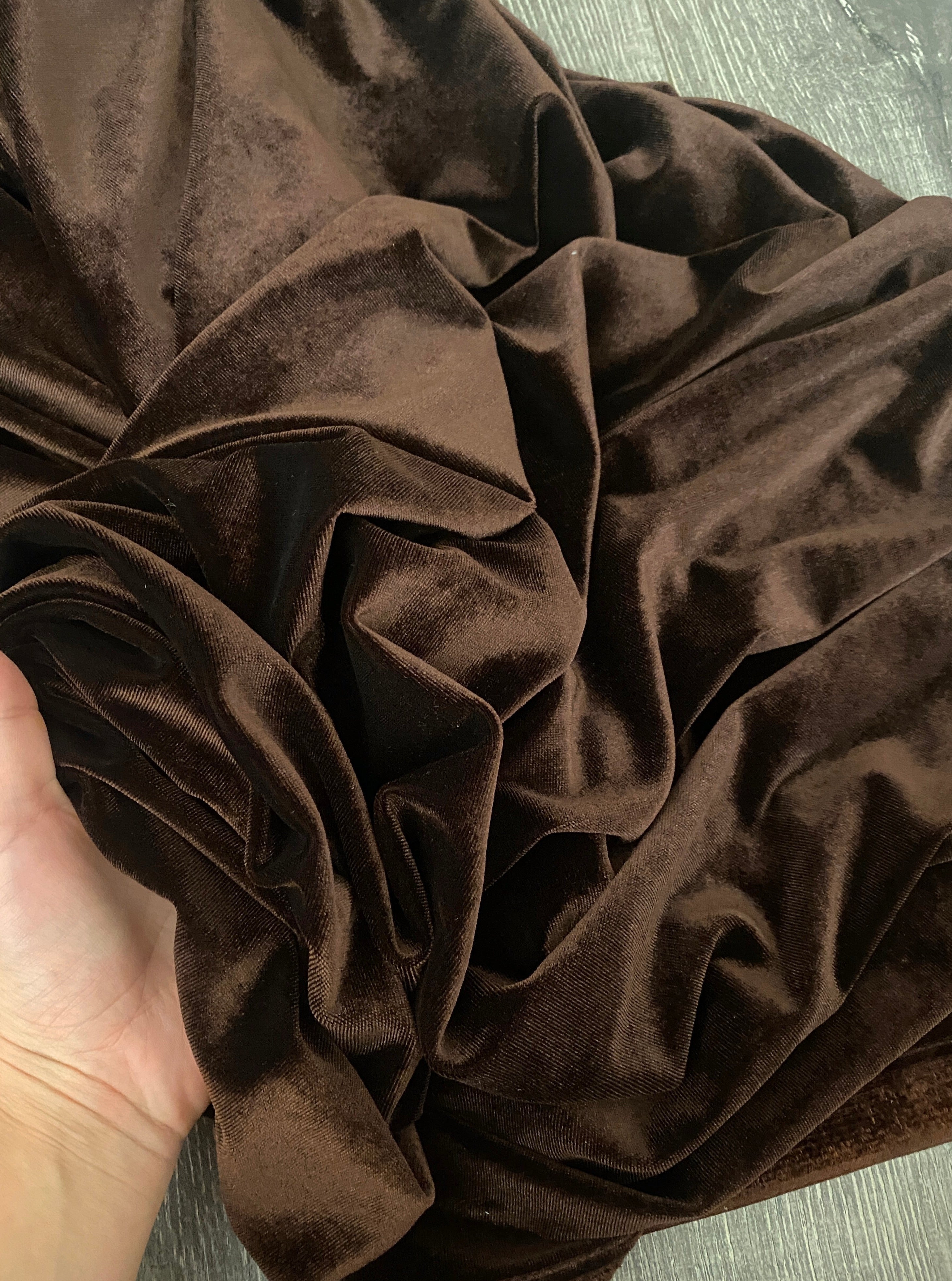 chocolate brown velvet fabric, 4 way stretch velvet fabric, solid velvet fabric, velvet fabric for clothing, fabric store, velvet cheap, stretch velvet on sale, brown velvet, dark brown velvet fabric