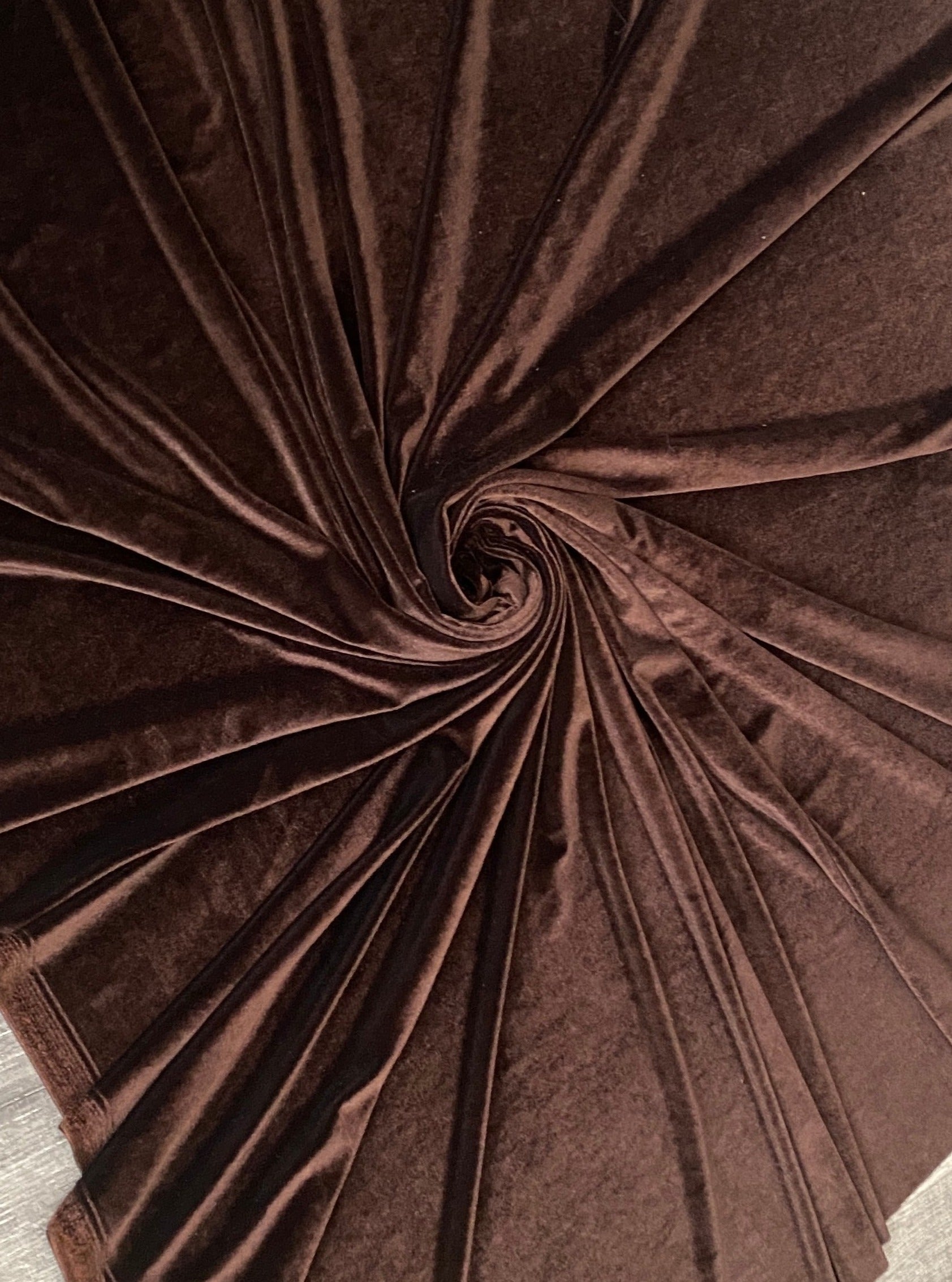 chocolate brown velvet fabric, 4 way stretch velvet fabric, solid velvet fabric, velvet fabric for clothing, fabric store, velvet cheap, stretch velvet on sale, brown velvet, dark brown velvet fabric