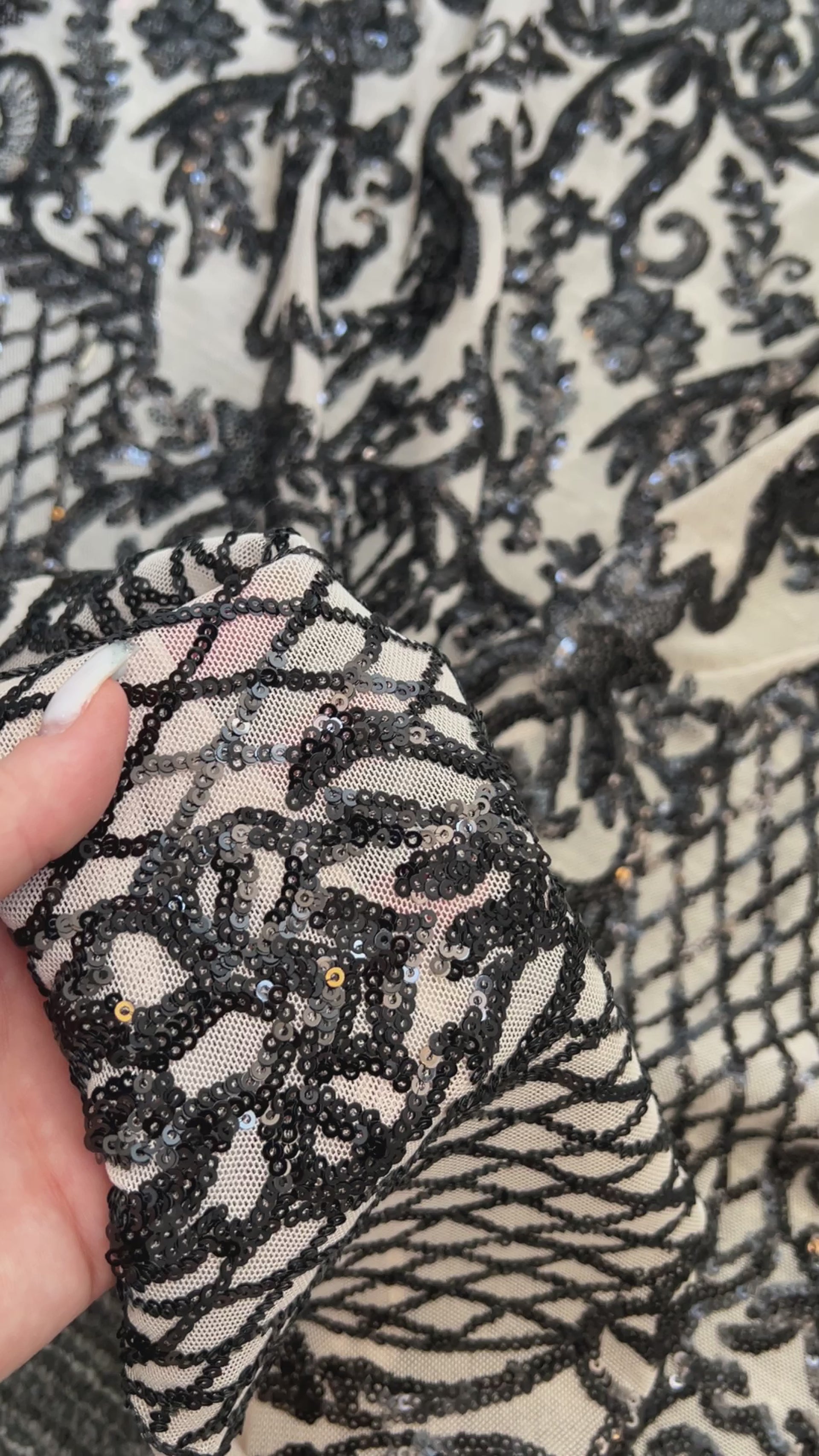 Black Sequins On Nude Mesh