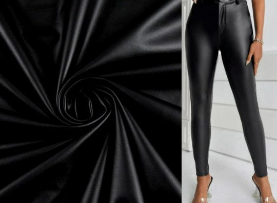 Black 2 Way stretch faux leather, black stretch pleather, black stretch soft vinyl, black stretch vinyl, faux leather stretch for clothing, Faux Leather for jackets, Faux Leather for bags, Faux Leather on discount, Faux Leather on sale, premium Faux Leather, jet black Faux Leather, Faux Leather for tops, Faux Leather for leggings