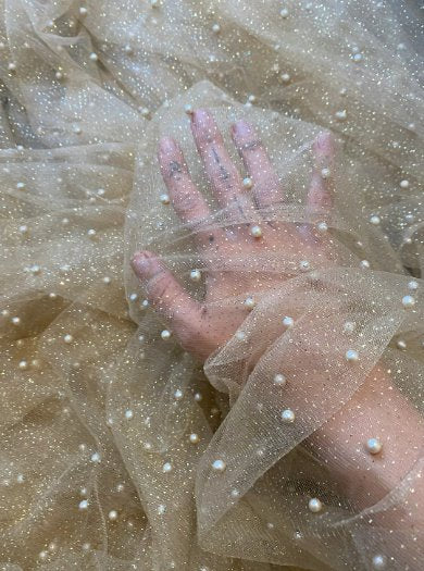 Champagne Glitter Pearl Tulle, light yellow pearl Tulle, beige pearl tulle, dark cream Pearl Tulle for party wear, light gold  Pearl Tulle for dress, Pearl Tulle for woman, Pearl Tulle for bride, Pearl Tulle on discount, Pearl Tulle on sale, premium Pearl Tulle, buy Pearl Tulle online