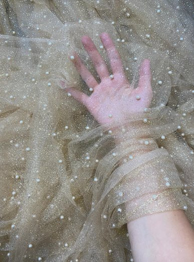 Champagne Glitter Pearl Tulle, light yellow pearl Tulle, beige pearl tulle, dark cream Pearl Tulle for party wear, light gold  Pearl Tulle for dress, Pearl Tulle for woman, Pearl Tulle for bride, Pearl Tulle on discount, Pearl Tulle on sale, premium Pearl Tulle, buy Pearl Tulle online
