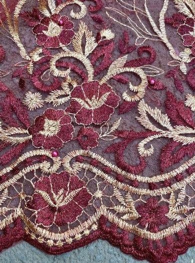 burgundy Embroidered Lace, dark red Embroidered Lace, maroon embroidered Lace, Embroidered Lace for woman, Embroidered Lace for bride, Embroidered Lace in low price, Embroidered Lace on sale, premium Embroidered Lace