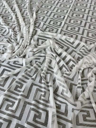 White Geo Print Power Mesh, 4 Way Stretch Mesh Knit Fabric, power mesh for woman, see through fabric for woman, geometric design fabric, light weight fabric, off white geo print power mesh, bright white geo print power mesh, bright white geo print power mesh