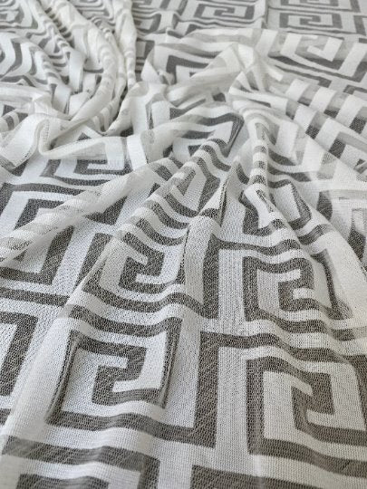 White Geo Print Power Mesh, 4 Way Stretch Mesh Knit Fabric, power mesh for woman, see through fabric for woman, geometric design fabric, light weight fabric, off white geo print power mesh, bright white geo print power mesh, bright white geo print power mesh