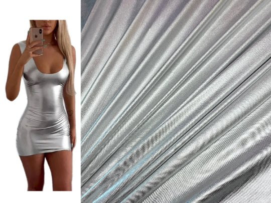 Silver Slinky Foiled Jersey, dark silver Slinky Foiled Jersey, light silver Slinky Foiled Jersey, grey Slinky Foiled Jersey for woman, Slinky Foiled Jersey for bride, Slinky Foiled Jersey on discount, Slinky Foiled Jersey on sale, premium Slinky Foiled Jersey, kiki textile Slinky Foiled Jersey, Slinky Foiled Jersey for party wear, Slinky Foiled Jersey for winter