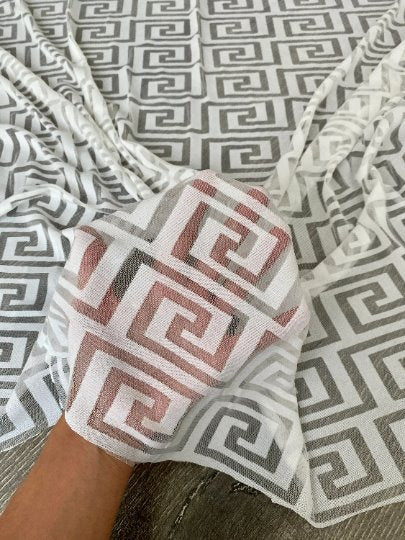 White Geo Print Power Mesh, 4 Way Stretch Mesh Knit Fabric, power mesh for woman, see through fabric for woman, geometric design fabric, light weight fabric, off white geo print power mesh, bright white geo print power mesh, bright white geo print power mesh