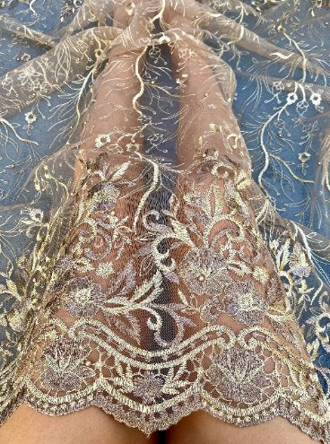 Gold Floral Embroidered Lace, dusty gold Embroidered Lace for gown, Bridal Lace Fabric, Scalloped lace, Floral Lace double edged, lace fabric on discount, lace fabric on sale, premium lace fabric, buy lace fabric online, glitter lace fabric