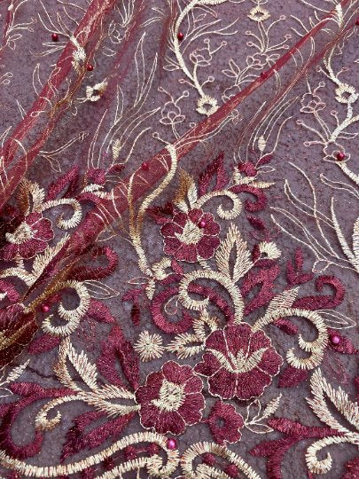 burgundy Embroidered Lace, dark red Embroidered Lace, maroon embroidered Lace, Embroidered Lace for woman, Embroidered Lace for bride, Embroidered Lace in low price, Embroidered Lace on sale, premium Embroidered Lace