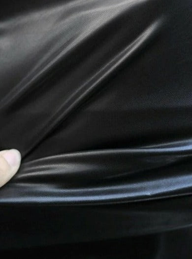 Black 2 Way stretch faux leather, black stretch pleather, black stretch soft vinyl, black stretch vinyl, faux leather stretch for clothing, Faux Leather for jackets, Faux Leather for bags, Faux Leather on discount, Faux Leather on sale, premium Faux Leather, jet black Faux Leather, Faux Leather for tops, Faux Leather for leggings