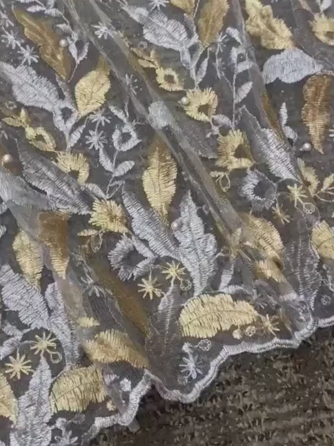 Gold/Silver Embroidered Lace, multicolor Embroidered Lace for gown, Bridal Lace Fabric, Scalloped lace, Floral Lace double edged, lace fabric on discount, lace fabric on sale, premium lace fabric, buy lace fabric online, glitter lace fabric