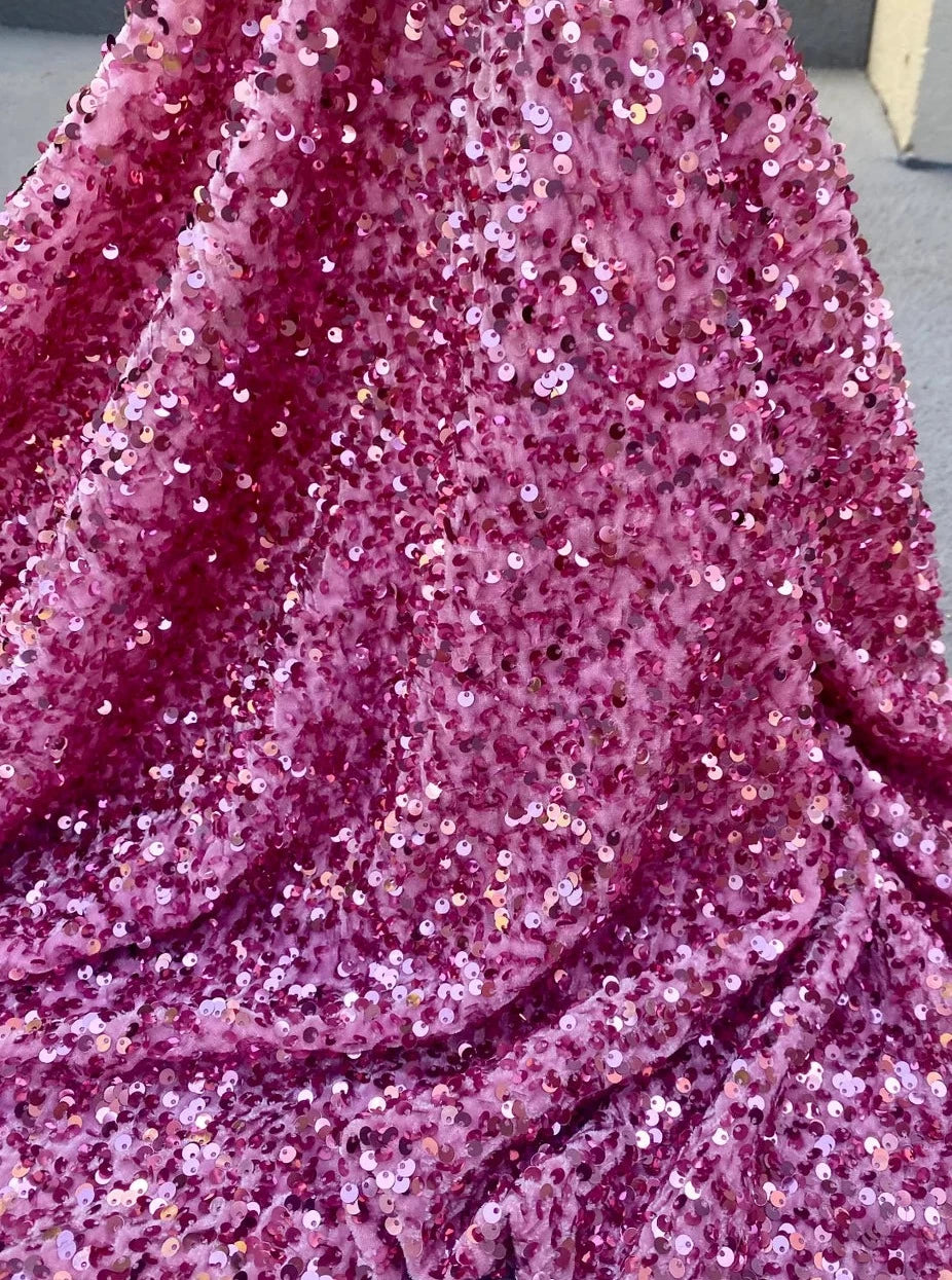 pink Sequin on Velvet, velvet cloth, pink velvet, sequin stretch velvet, velvet for gown, stretch velvet, velvet fabric with sequin, solid velvet, rose pink sequin fabric, sequin fabric for gown, 4 way stretch velvet