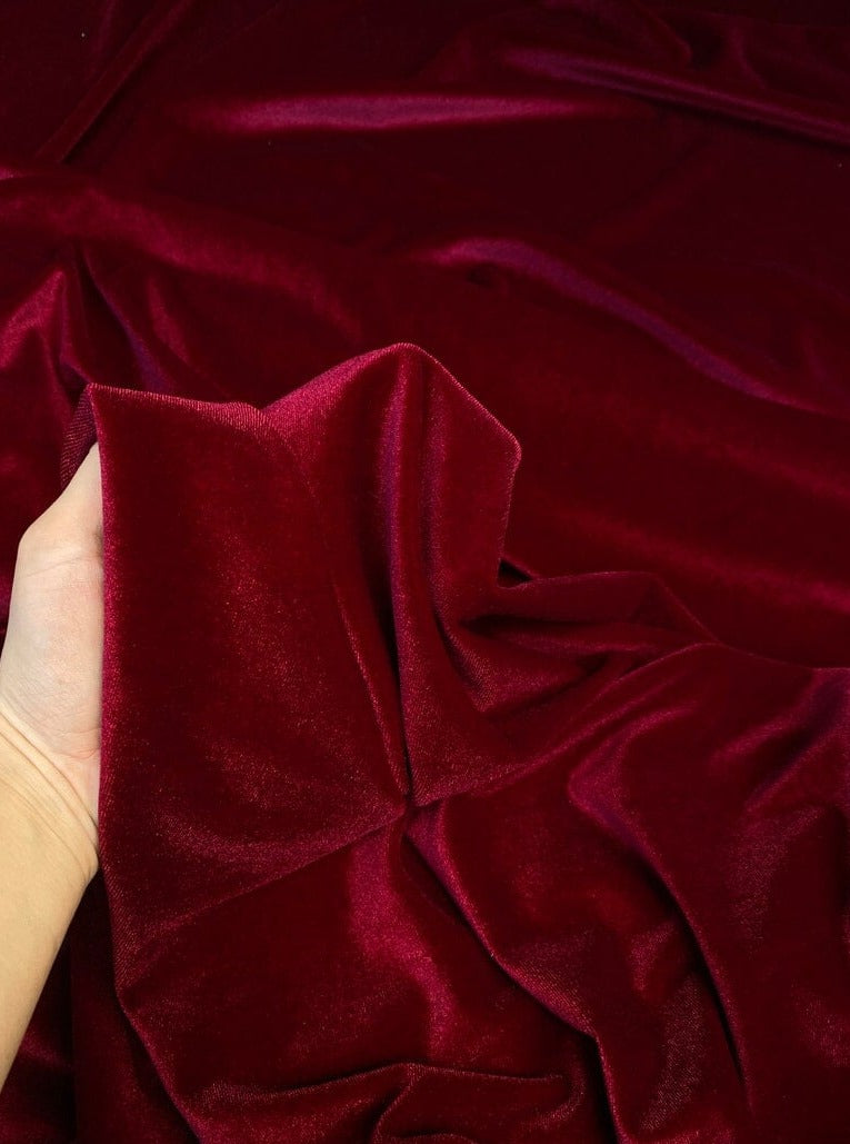 Burgundy stretch velvet, burgundy stretch velvet for gown, maroon velvet for wedding, red stretch pure velvet, stretch velvet for brides, stretch fancy velvet,  maroon color velvet for dress, stretch expensive velvet