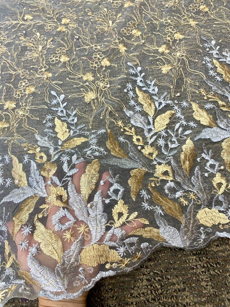Gold/Silver Embroidered Lace, multicolor Embroidered Lace for gown, Bridal Lace Fabric, Scalloped lace, Floral Lace double edged, lace fabric on discount, lace fabric on sale, premium lace fabric, buy lace fabric online, glitter lace fabric