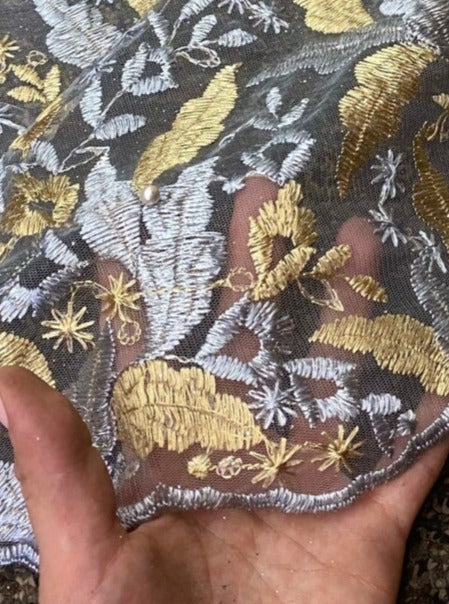 Gold/Silver Embroidered Lace, multicolor Embroidered Lace for gown, Bridal Lace Fabric, Scalloped lace, Floral Lace double edged, lace fabric on discount, lace fabric on sale, premium lace fabric, buy lace fabric online, glitter lace fabric