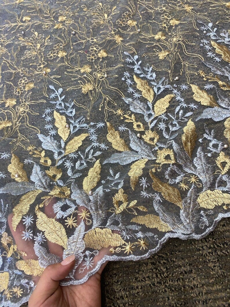 Gold/Silver Embroidered Lace, multicolor Embroidered Lace for gown, Bridal Lace Fabric, Scalloped lace, Floral Lace double edged, lace fabric on discount, lace fabric on sale, premium lace fabric, buy lace fabric online, glitter lace fabric