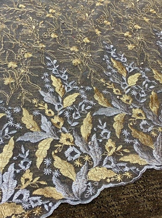 Gold/Silver Embroidered Lace, multicolor Embroidered Lace for gown, Bridal Lace Fabric, Scalloped lace, Floral Lace double edged, lace fabric on discount, lace fabric on sale, premium lace fabric, buy lace fabric online, glitter lace fabric