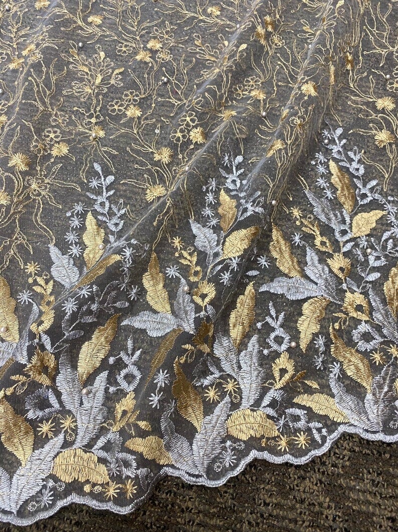 Gold/Silver Embroidered Lace, multicolor Embroidered Lace for gown, Bridal Lace Fabric, Scalloped lace, Floral Lace double edged, lace fabric on discount, lace fabric on sale, premium lace fabric, buy lace fabric online, glitter lace fabric