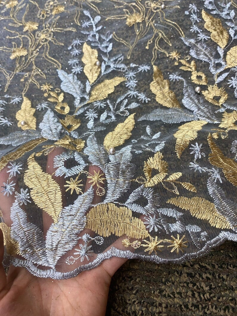 Gold/Silver Embroidered Lace, multicolor Embroidered Lace for gown, Bridal Lace Fabric, Scalloped lace, Floral Lace double edged, lace fabric on discount, lace fabric on sale, premium lace fabric, buy lace fabric online, glitter lace fabric