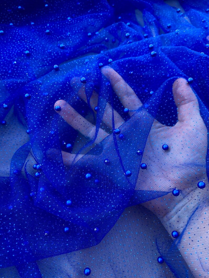 Royal Blue Tulle Bead Pearl Lace, blue Bridal Tulle Fabric, Wedding Veil Tulle Bead Pearl Lace, Bridal Dress Fabric by yard, dark blue Tulle Bead Pearl Lace, Pearl Lace for woman, Pearl Lace for party wear, lace fabric in low price, Pearl Lace on discount, Pearl Lace on sale, premium Pearl Lace fabric