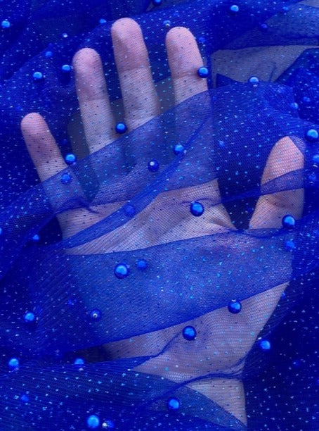 Royal Blue Tulle Bead Pearl Lace, blue Bridal Tulle Fabric, Wedding Veil Tulle Bead Pearl Lace, Bridal Dress Fabric by yard, dark blue Tulle Bead Pearl Lace, Pearl Lace for woman, Pearl Lace for party wear, lace fabric in low price, Pearl Lace on discount, Pearl Lace on sale, premium Pearl Lace fabric