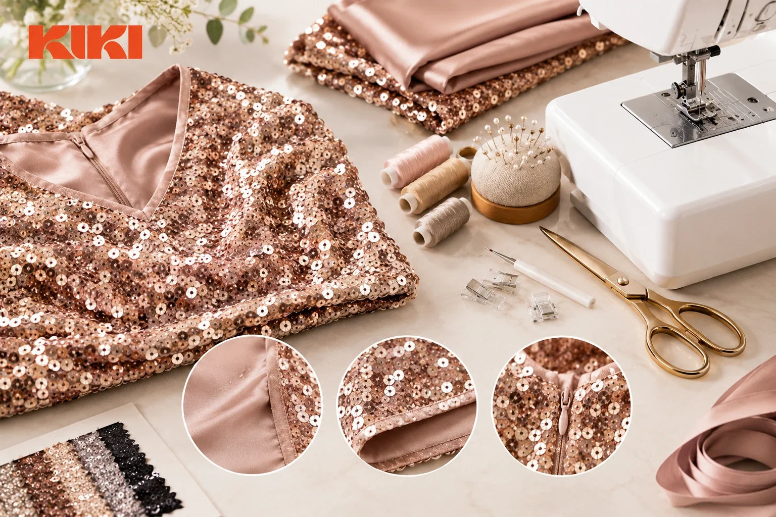 Rose gold sequin garment with satin lining, hem details, sewing machine, and finishing tools by Kiki Textiles.