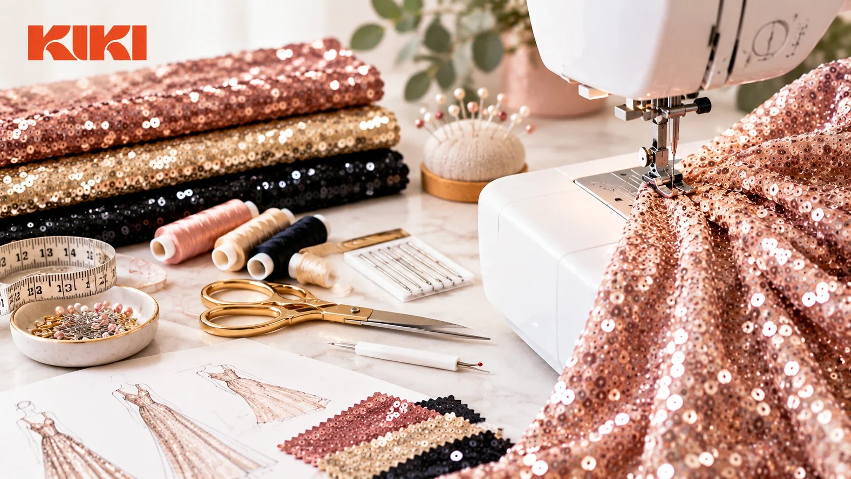 Sewing machine stitching rose gold sequin fabric with sewing needles, thread spools, gold scissors, and sequin fabric swatches by Kiki Textiles.