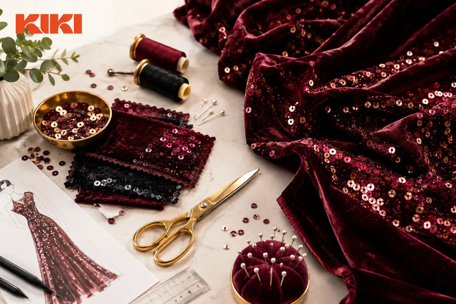 Burgundy sequin velvet fabric with gold sewing scissors, thread spools, pins, and fabric swatches for sewing by Kiki Textiles.