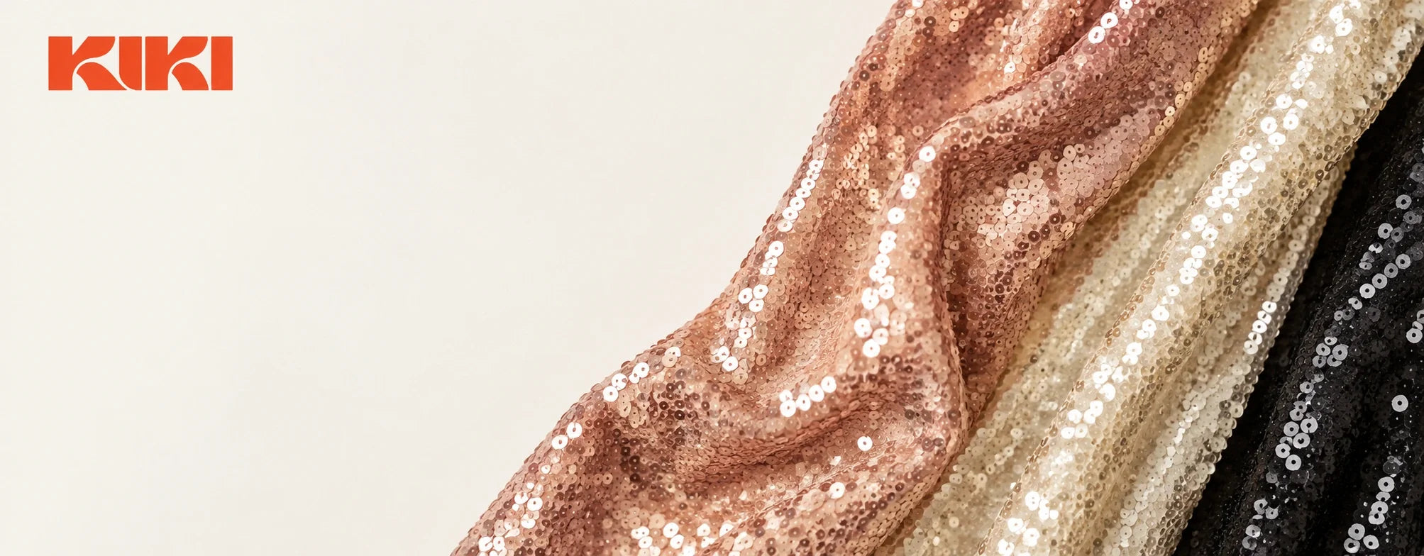 Rose gold, champagne, and black sequin fabrics for sewing special occasion dresses by Kiki Textiles.