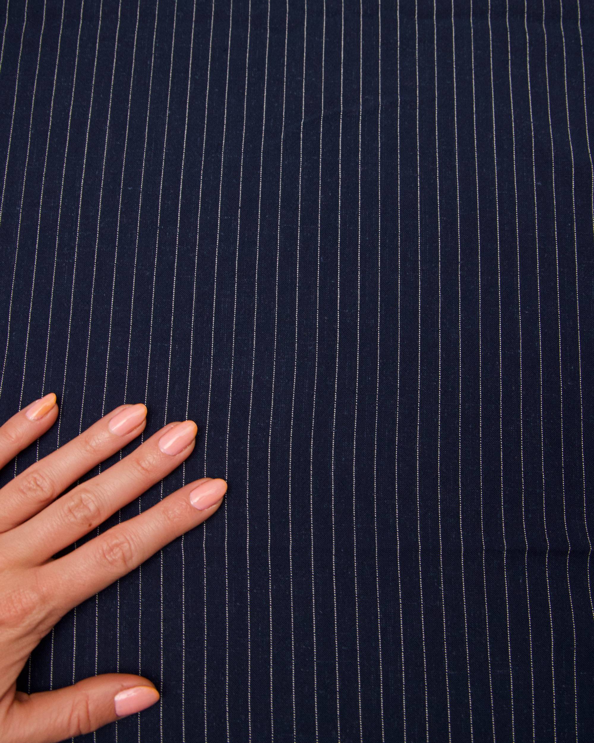 Navy Resort Pinstripe Linen Blend, Kiki Sewing Store, Kiki Luxury Fabric, Cheap Fabric Store, Kiki Textiles, Kiki Textile by the Yard, Kiki Textile USA