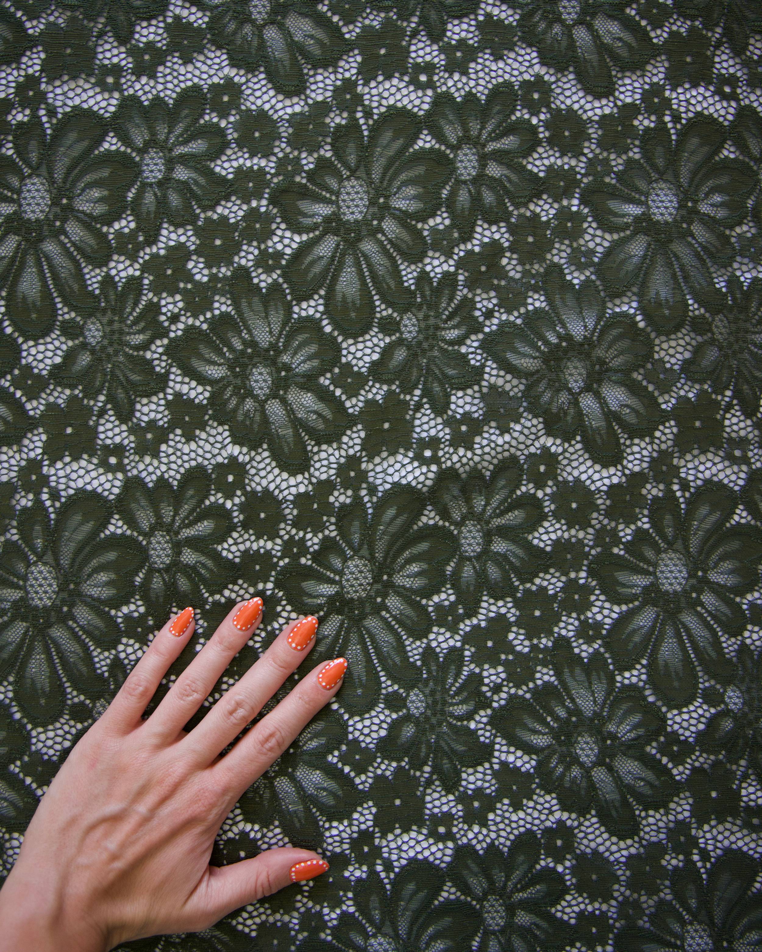 Olive Green Floral Chantilly Stretch Lace Mesh, Kiki Sewing Store, Kiki Luxury Fabric, Cheap Fabric Store, Kiki Textiles, Kiki Textile by the Yard, Kiki Textile USA