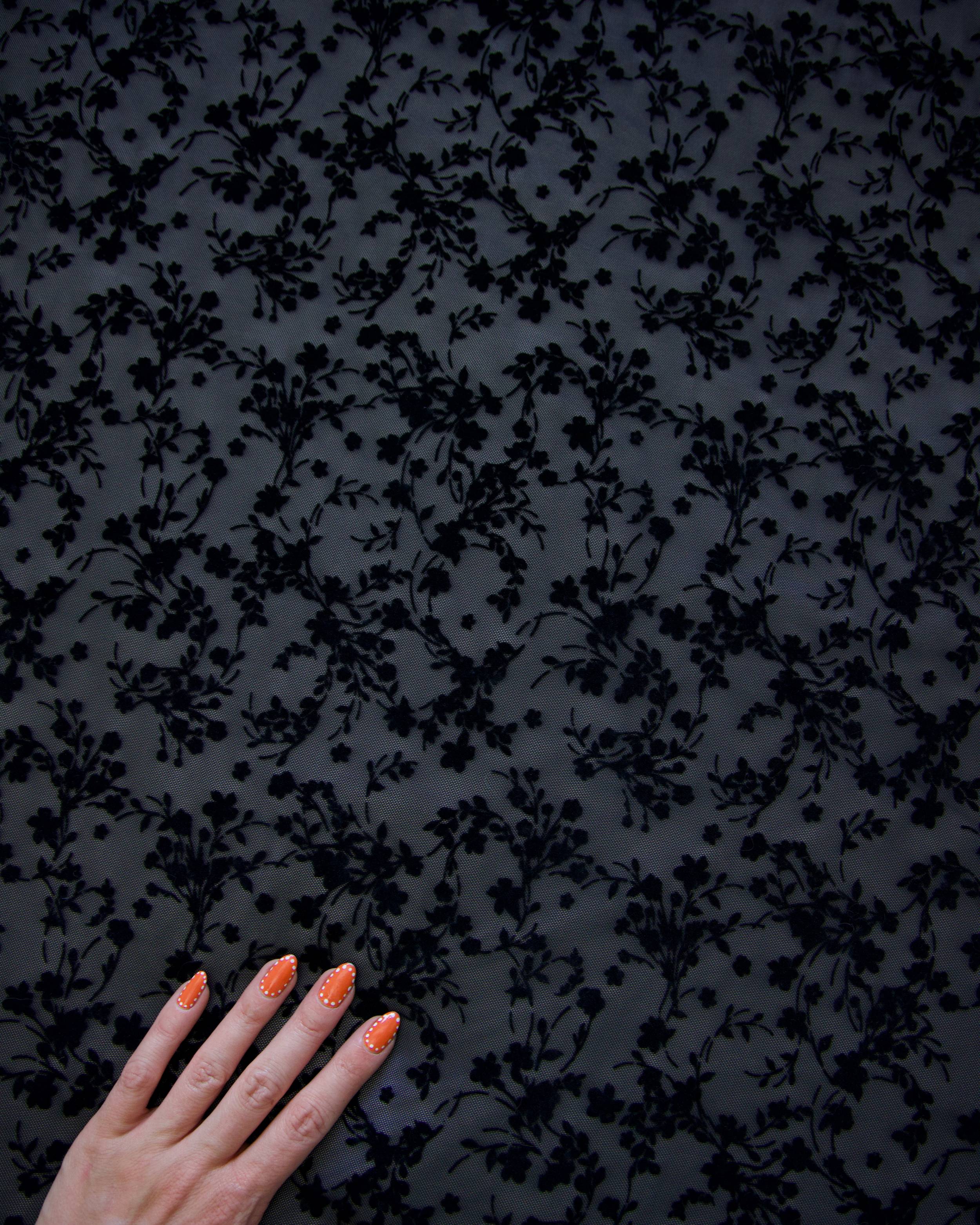 Black Velvet Flowers On Black Mesh, Kiki Sewing Store, Kiki Luxury Fabric, Cheap Fabric Store, Kiki Textiles, Kiki Textile by the Yard, Kiki Textile USA