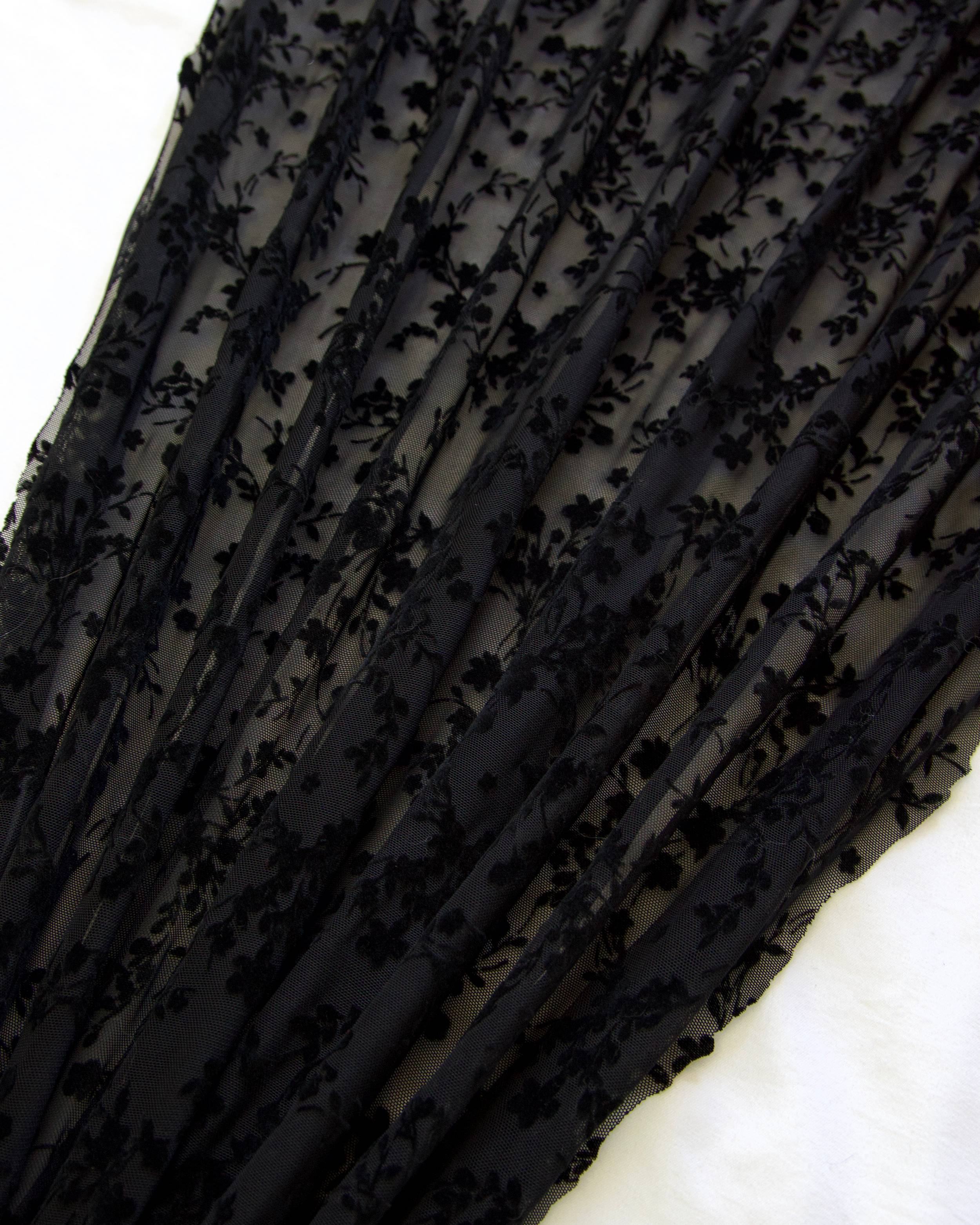 Black Velvet Flowers On Black Mesh, Floral Mesh Fabric, Velvet Flower Fabric, Black Mesh Fabric, Embroidered Mesh Fabric, Sheer Floral Fabric, Velvet Embroidery Fabric