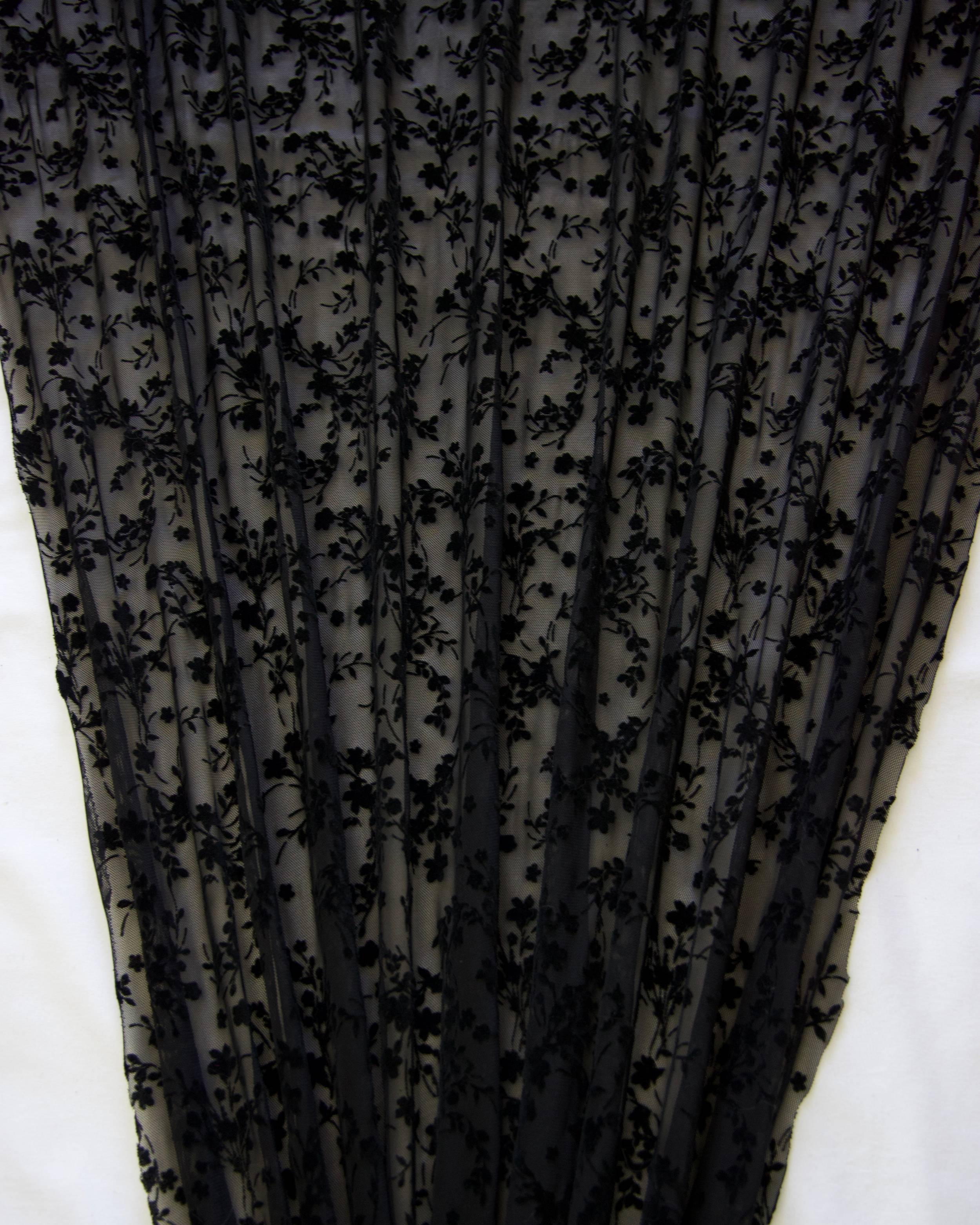 Black Velvet Flowers On Black Mesh, Floral Mesh Fabric, Velvet Flower Fabric, Black Mesh Fabric, Embroidered Mesh Fabric, Sheer Floral Fabric, Velvet Embroidery Fabric
