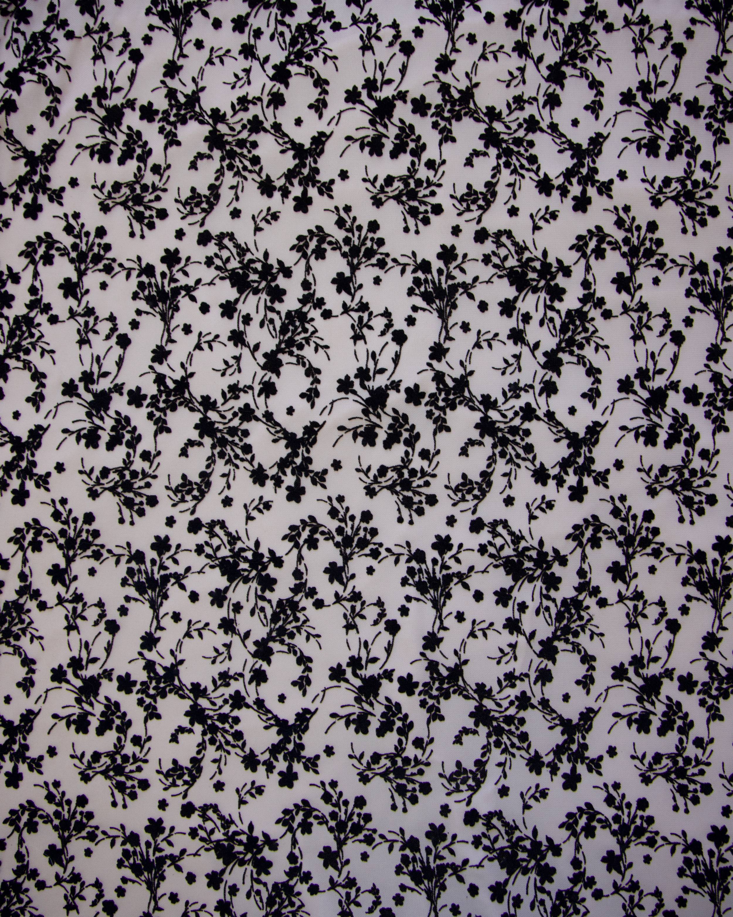 Black Velvet Flowers on Nude Mesh, Floral Mesh Fabric, Velvet Flower Fabric, Black Mesh Fabric, Embroidered Mesh Fabric, Sheer Floral Fabric, Velvet Embroidery Fabric
