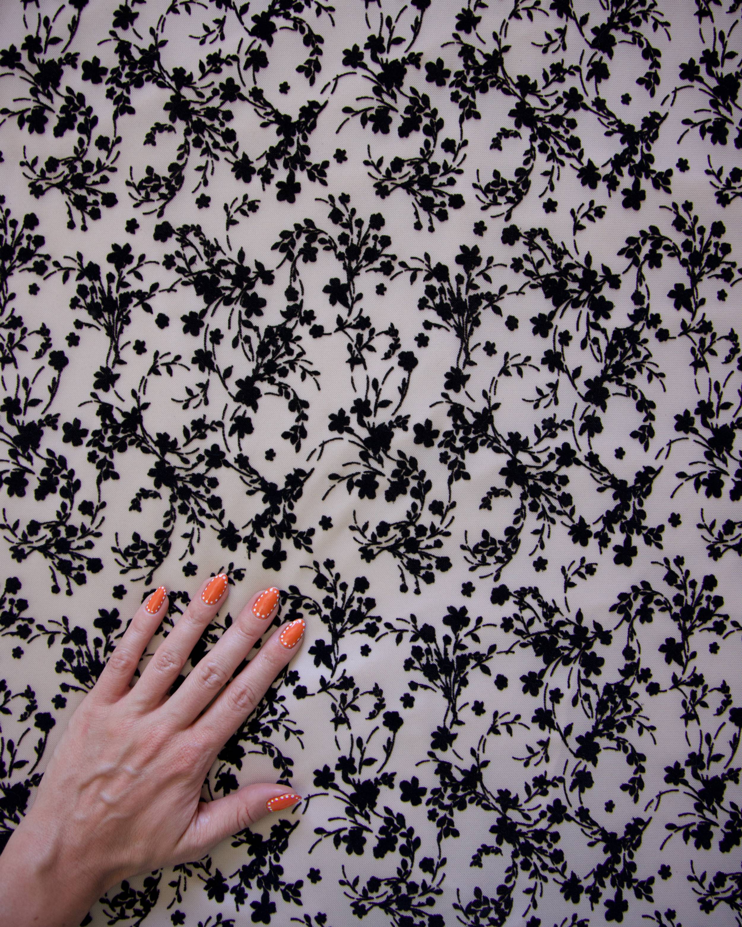 Black Velvet Flowers on Nude Mesh, Kiki Sewing Store, Kiki Luxury Fabric, Cheap Fabric Store, Kiki Textiles, Kiki Textile by the Yard, Kiki Textile USA